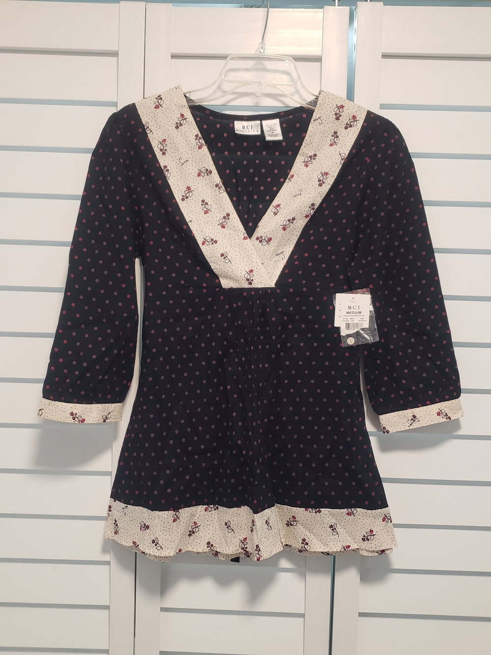 Navy Polka Dot Tunic with Cream Floral Trim